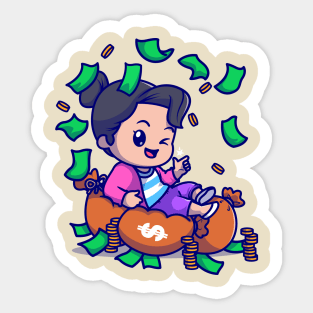 Cute Rich Girl With Money Cartoon Sticker